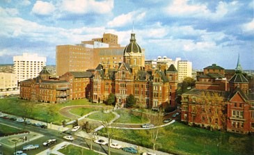 Featured is a postcard image of The Johns Hopkins Hospital (one of the world's most famous and respected hospitals) complex in Baltimore, Maryland.  The original unused 1960s postcard is for sale in The unltd.com Store.